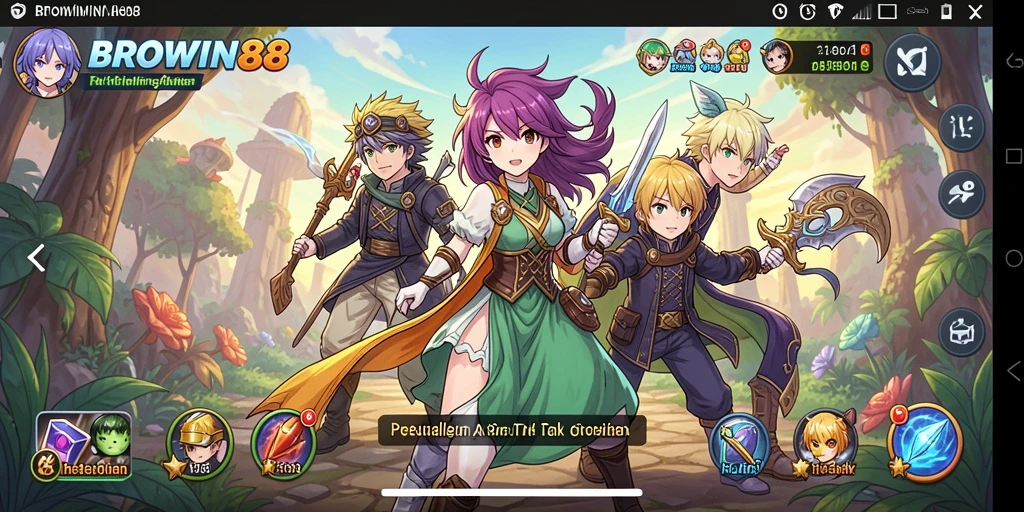Tampilan gameplay BROWIN88 dengan berbagai aksi karakter Anime yang dinamis.