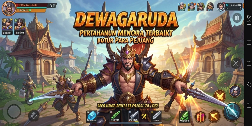 Screenshot gameplay DEWAGARUDA menampilkan aksi menara dan musuh.