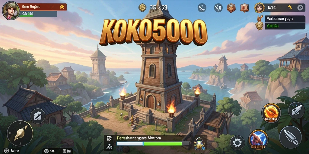 Tampilan gameplay KOKO5000 dengan strategi menara yang kompleks.