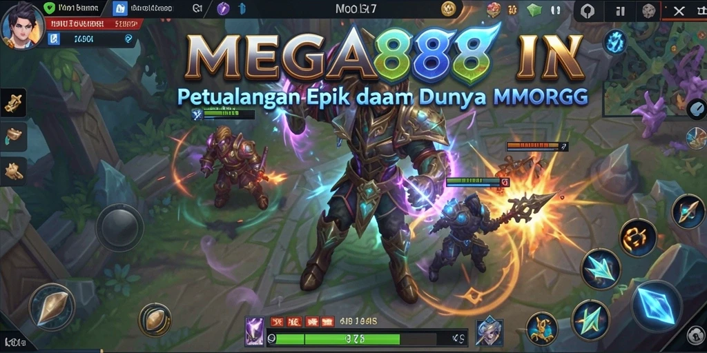 Screenshot gameplay MEGA888 menampilkan aksi pertempuran seru di dunia fantasi.