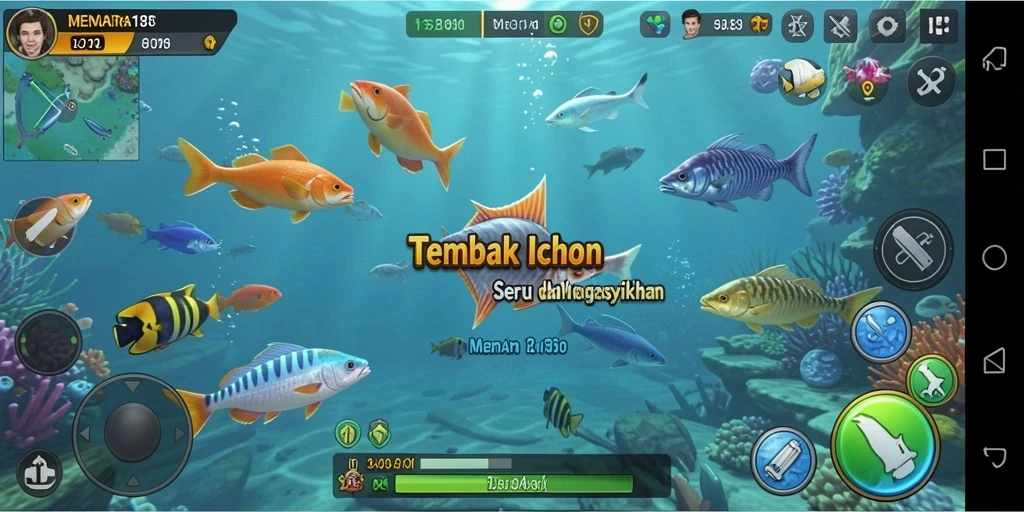 Tampilan gameplay seru di MENARA188 dengan berbagai ikan dan senjata.