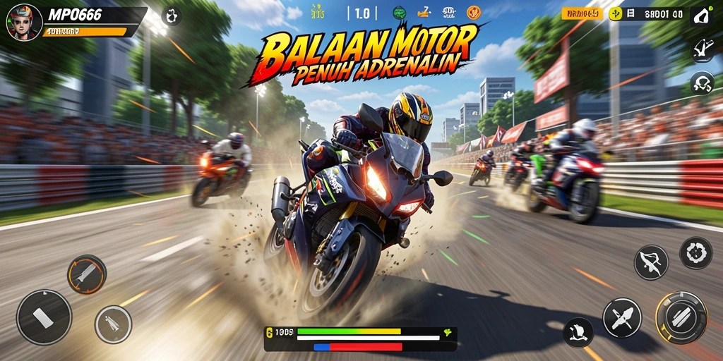 Tampilan seru gameplay Motor Racing MPO666 dalam aksi balapan.