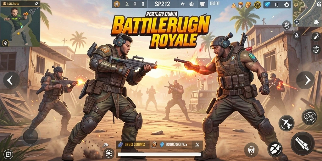 Screenshot gameplay SP212 menampilkan aksi pertarungan Battle Royale yang mendebarkan.