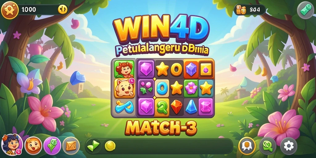 Screenshot utama WIN4D menampilkan gameplay seru dengan elemen Match-3 yang berwarna-warni.